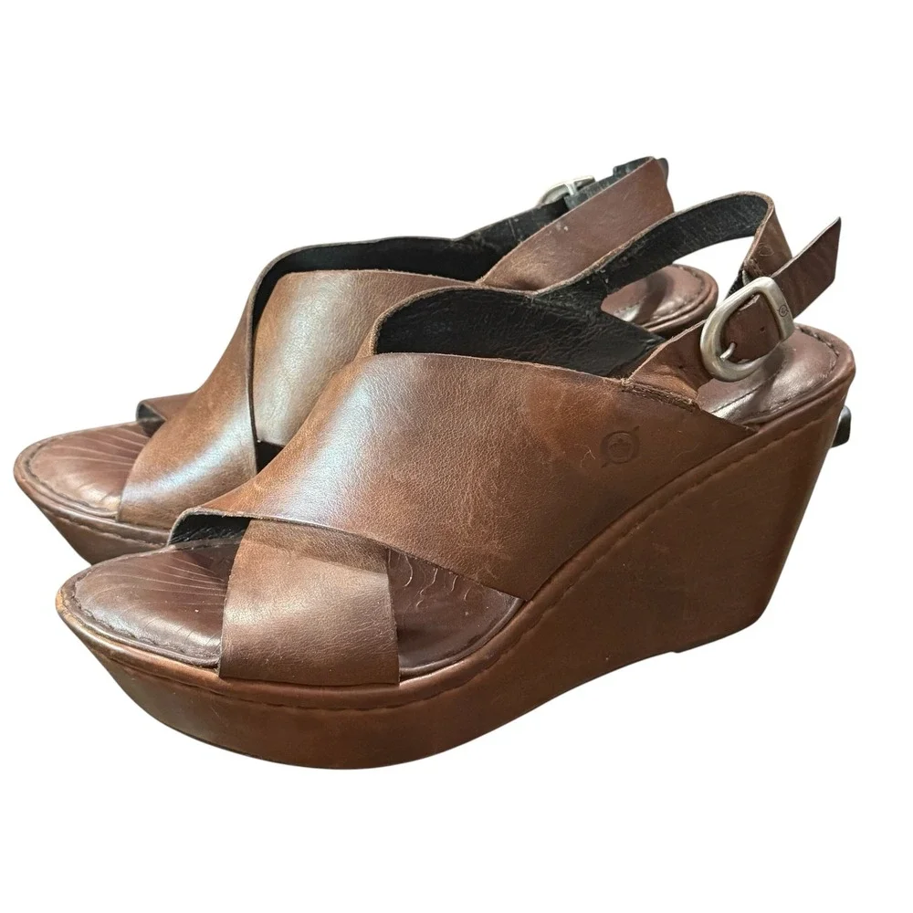 Born Brown Leather Crisscross Wedge Slingback Sandals MHG3 Womens Size 9